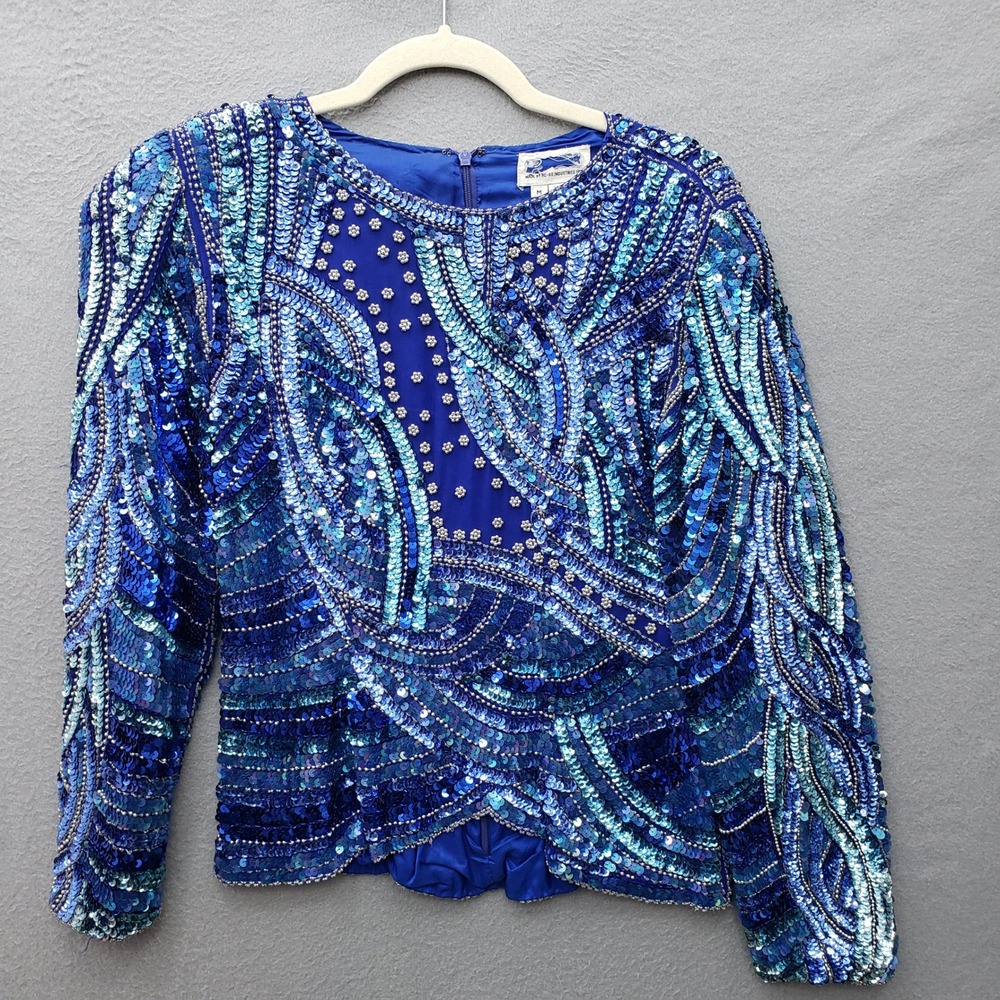 Vintage Black Tie by He-Ro Industries Sequin Beaded Top Cobalt Blue Glam Funky M